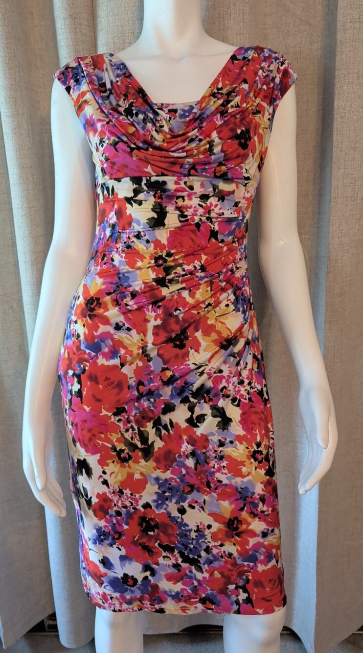Lauren Ralph Lauren Floral Red Sleeveless Dress Stretch Draped Pleated Size 4